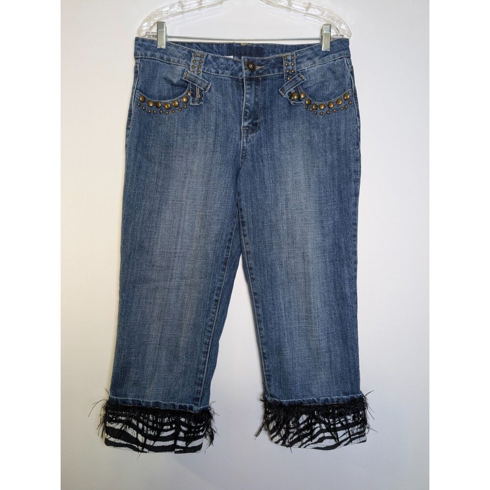 Beverly's Embellished Capri Jeans 10 Zebra Feather Fringe Studded Y2K Eclectic - Picture 8 of 16
